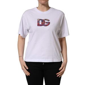 Dolce & Gabbana White Cotton DG Logo Patch Crew Neck Women's T-shirt